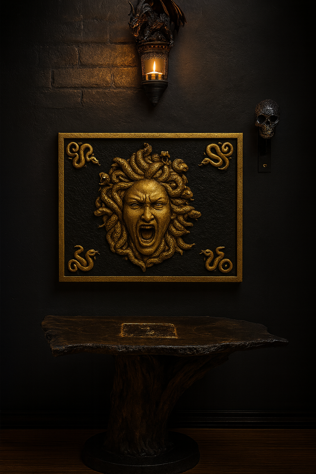 Medusa live-edge concrete table with carved log base and wall art